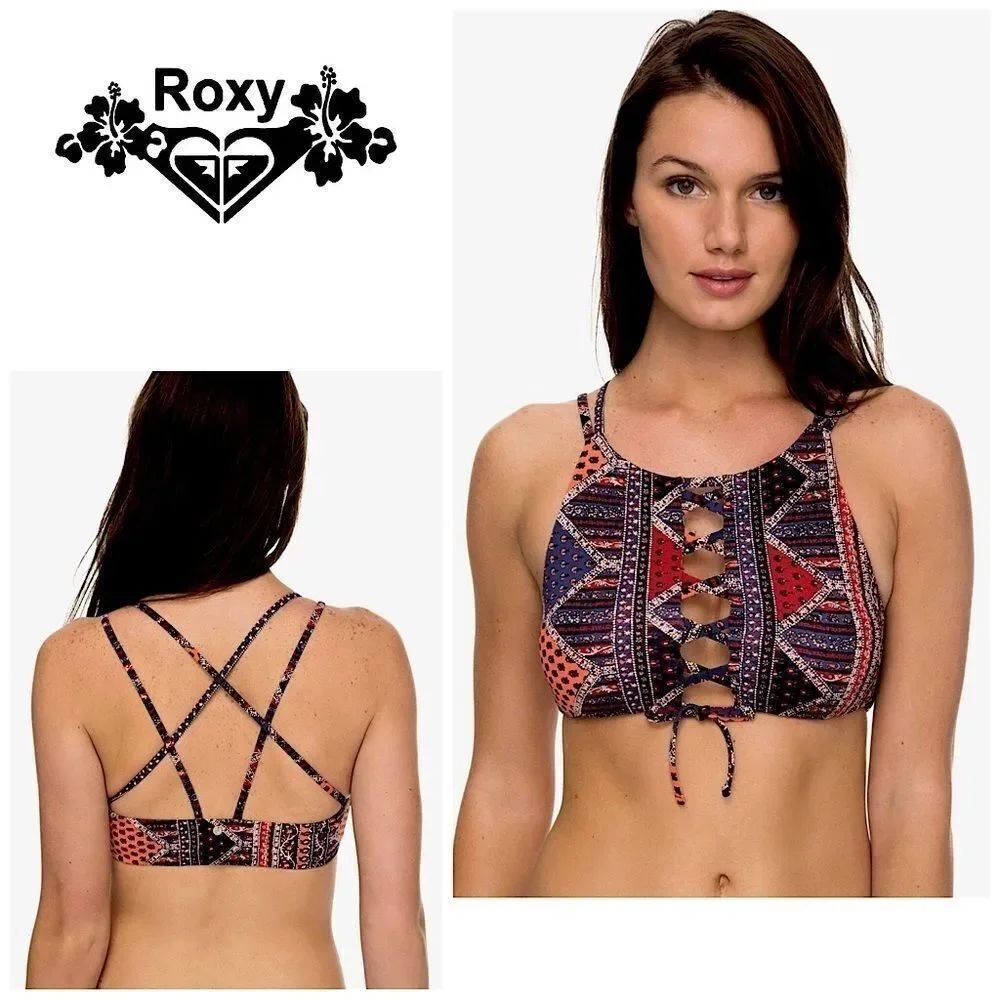 ROXY multicolored halter tie bikini top. New